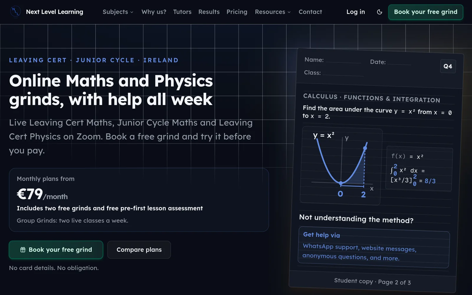 Screenshot of the Next Level Learning homepage showing online maths and physics grinds
